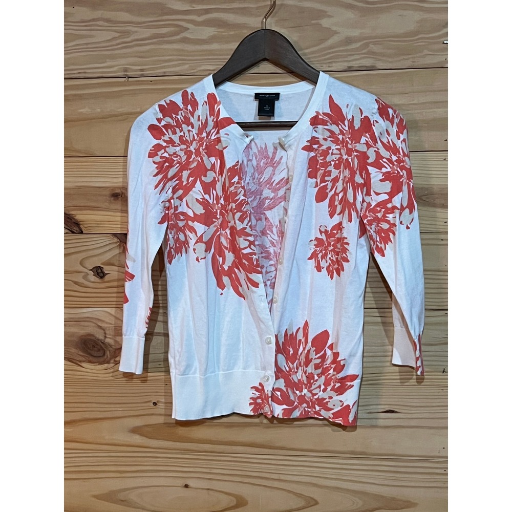 Ann Taylor White Coral Pink Floral Cotton Cardigan Sweater 3/4 Sleeve Size M